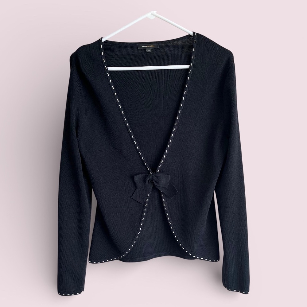BCBGMaxAzria Black Cardigan Bow Closure White Pickstitching Sz L